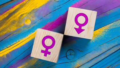 Gender symbols (man and woman) on wooden cubes and colourful wooden textured background