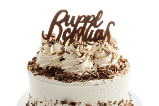 A decadent white cake adorned with rich chocolate frosting and a cheerful happy birthday sign