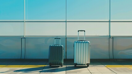 two luggage pieces at an airport, styled with a smooth and shiny finish, set against a landscape-focused backdrop, symbolizing the journey of transfer.