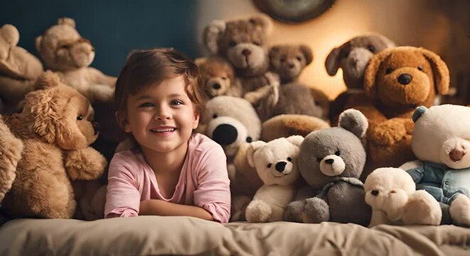 Happy child with many stuffed animals.