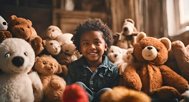 Happy child with many stuffed animals.