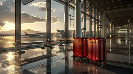 two luggage pieces at an airport, styled with a smooth and shiny finish, set against a landscape-focused backdrop, symbolizing the journey of transfer. - obrazy, fototapety, plakaty