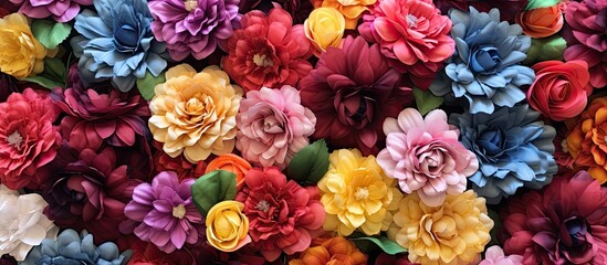 A variety of colorful flowers, including pink roses and magenta blooms, are arranged on top of each...