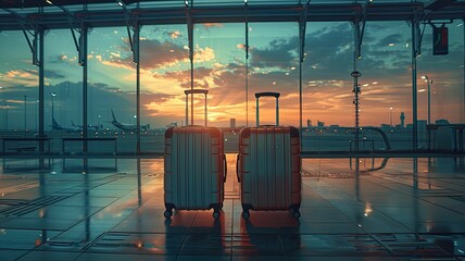 two luggage pieces at an airport, styled with a smooth and shiny finish, set against a landscape-focused backdrop, symbolizing the journey of transfer. - obrazy, fototapety, plakaty