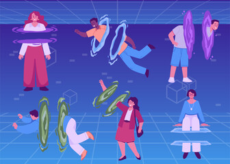 Set of vector illustrations with people entering a teleport.