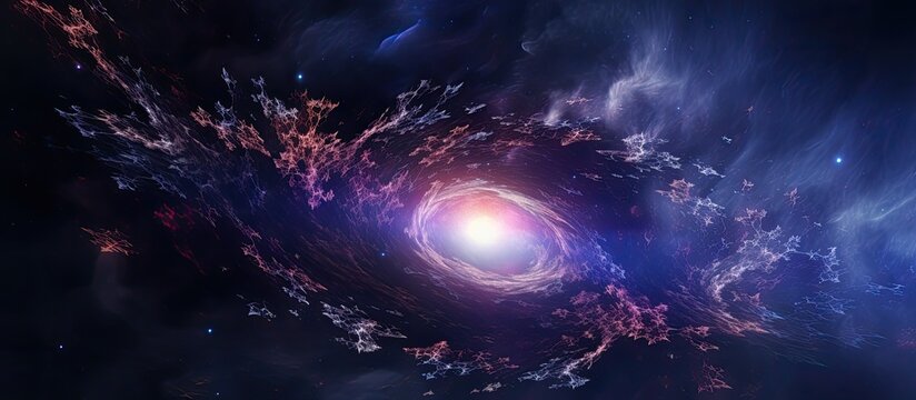 A beautiful spiral galaxy with electric blue and purple hues is depicted as a stunning astronomical object in a landscape of water, atmosphere, and clouds