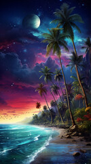 tropical sunset with palm trees and beach