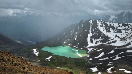 Elbrus National Park, high mountain lake Syltrankel in summer
