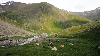 Caucasus landscape, Kabardino Balkaria, tent camp near a mountain river