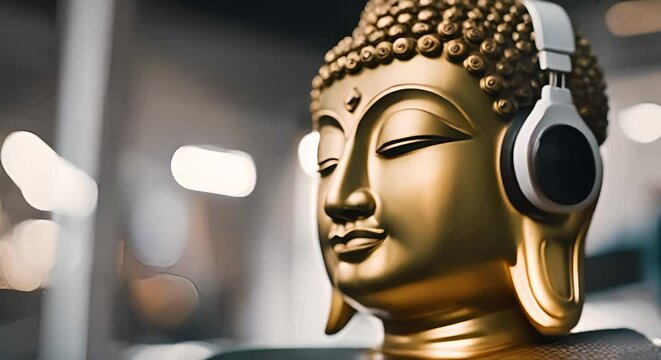 Buddha with music headphones.