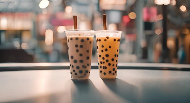Glasses with bubble tea.