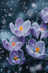  Close up of of purple crocuses, with snowflakes.Minimal creative spring and winter nature concept