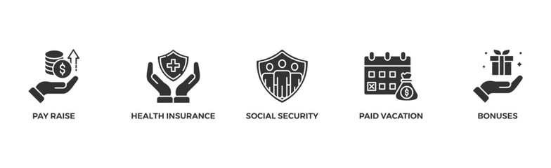 Employee benefits banner web icon vector illustration concept with icon of pay raise, health insurance, social security, paid vacation and bonuses