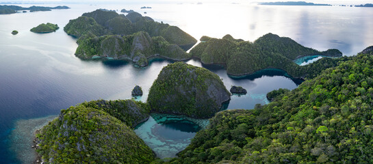 Beautiful limestone islands rise from Raja Ampat's tropical seascape. This region of Indonesia is...