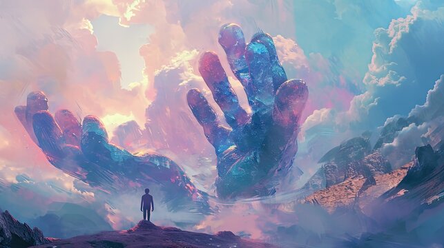 Surreal scene of giant hands cradling a smaller figure, symbolizing protection and support. The dreamlike colors and ethereal atmosphere create a sense of safety and care. Conceptual image of a man.