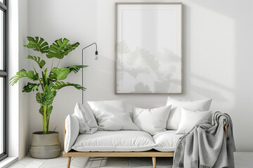 Frame mockup, Modern minimalist interior of a living room featuring a white couch, green indoor plant, and elegant wall art.