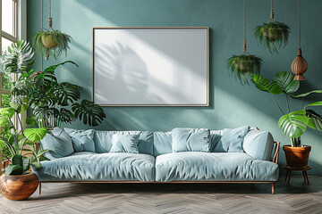 Frame mockup, A serene living room featuring a plush blue sofa and an array of vibrant indoor plants enhancing the modern interior decor.