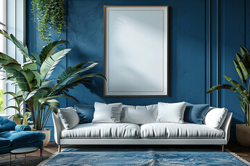 Frame mockup, Contemporary living room interior featuring a white sofa, blue walls, decorative plants, and a blank framed picture.
