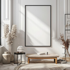 Frame mockup, Contemporary minimalist living room with stylish decor and abundant natural light casting shadows.