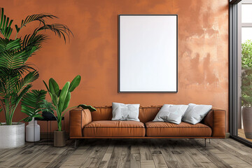 Frame mockup, Contemporary interior design of a living room with a leather sofa, decorative plants, and a large blank frame on an orange wall.