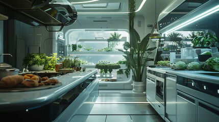 A modern, futuristic kitchen featuring an integrated indoor herb garden, state-of-the-art appliances, and ambient lighting.