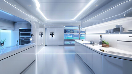 Sleek and modern smart kitchen with integrated high-tech appliances and ambient lighting for futuristic homes.