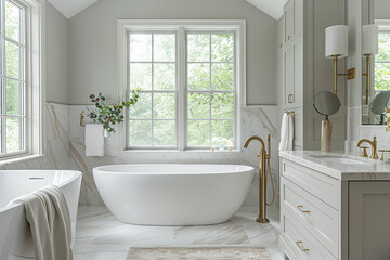 Elegant modern bathroom with white marble tiles, featuring a freestanding bathtub and golden fixtures by a large window.
