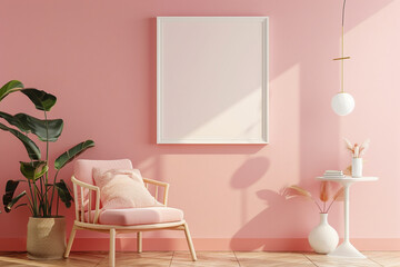Frame mockup, A contemporary styled room featuring a pink accent wall, elegant armchair, and decorative plants.