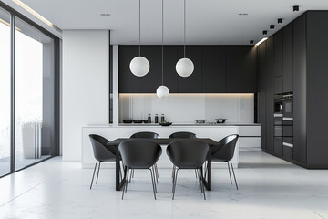 Sleek modern kitchen with black cabinetry, white countertops, and designer chairs in a bright interior space.