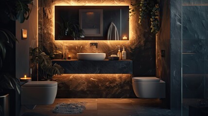 a compact luxury customer bathroom, featuring dark slate tiles, a refined vanity unit, and modern toilet, with an elegantly lit mirror exuding depth and opulence. - obrazy, fototapety, plakaty
