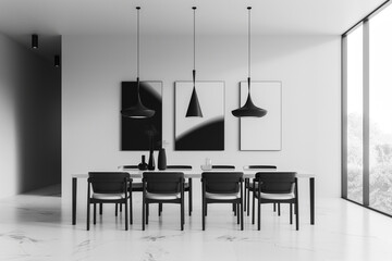 Sleek minimalist dining room in monochrome tones with stylish pendant lights and abstract wall art.