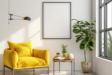 FA cozy modern living room corner with a vibrant yellow armchair, an empty picture frame, and a lush potted plant.
