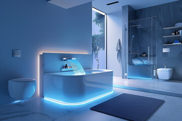A luxurious contemporary bathroom featuring a bathtub with blue LED lighting, glass shower, and sleek design elements. - obrazy, fototapety, plakaty