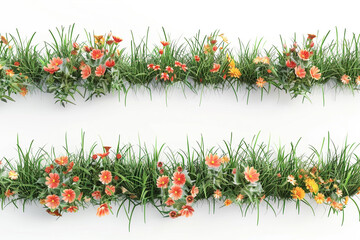 A continuous, seamless border of green grass and vibrant orange flowers isolated on a white background.