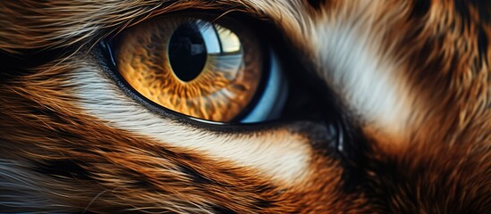 A close up of a cats eye showcasing its unique iris pattern, whiskers, and fluffy fur. The detailed macro photography captures the beauty of this terrestrial animals eye, resembling art in wildlife - obrazy, fototapety, plakaty