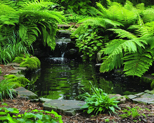 A tranquil garden scene with a small waterfall surrounded by vibrant ferns and moss-covered rocks.