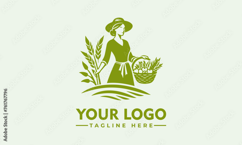 Wall mural simple woman farmer logo, nice woman with carrying a basket with fruits and vegetables - Wall murals