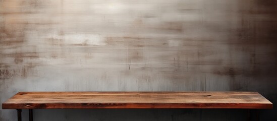 A brown rectangular hardwood table with a wood stain finish sits on the plywood flooring in front of a brick wall, showcasing a beautiful varnish pattern - obrazy, fototapety, plakaty