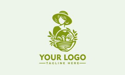 simple Woman Farmer Logo, Nice woman with carrying a basket with fruits and vegetables