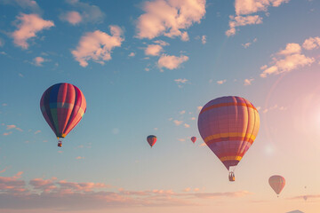 Group of hot air balloons in blue sky