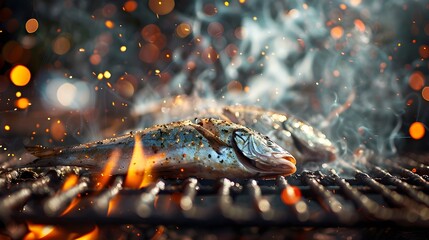 Grilled fish with spices on fire