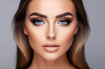 Fototapeta premium Beautiful young woman with clean fresh skin and makeup in studio light. Beauty model, skin care concept