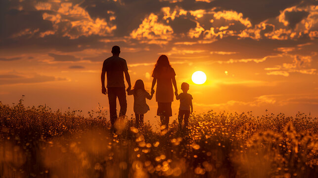 family walking, sunset over the field, generative ai
