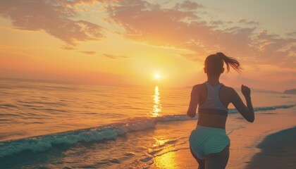 Fototapeta premium Woman jogging along the seaside at sunrise with golden sunlight reflecting on the water