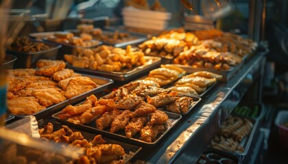 A warm display of assorted pastries at a local bakery counter with a variety of croissants and sweet treats illuminated under soft lighting. - obrazy, fototapety, plakaty