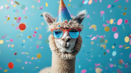 Festive Alpaca: A Hilarious Addition to Your Birthday or New Year's Eve Celebration - Party Hat, Sunglasses and Confetti! - obrazy, fototapety, plakaty
