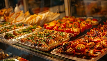 Array of appetizing dishes displayed in a warm-lit deli counter