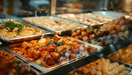 Obraz premium Assorted Asian dishes on display at a food counter with a focus on tofu and vegetables
