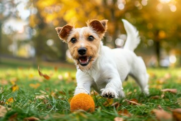 Playful Jack Russell Terrier fetching a ball on a sunny autumn day in the park