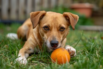 Small brown dog with a playful gaze lying on the grass chewing an orange ball